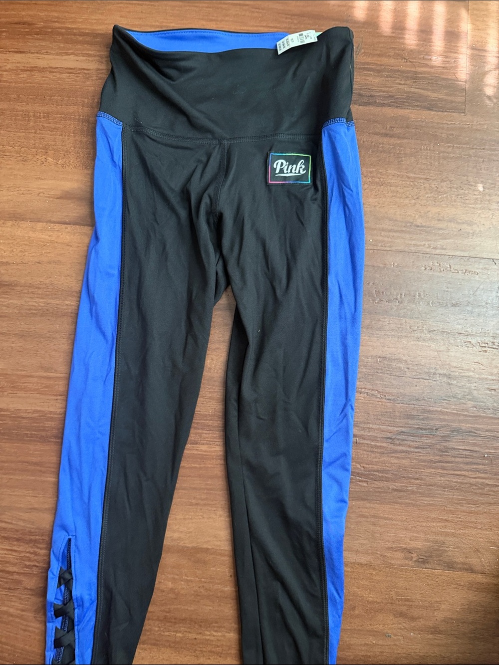 PINK Victoria's Secret Black Leggings with Blue Side Panels